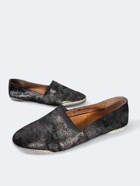 Frye Melanie Slip On Leather Flats Metallic Gunmetal Silver Black Size 10